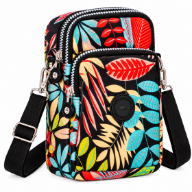 2448 Black With Multi Leaves 2 Zip X-Body Bag (New)