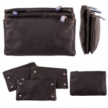 0489 BLACK TRIPLE TOP ZIP ORGANISER LEATHER POUCH PURSE