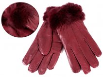 8912 BURGUNDY Ladies Soft Leather Glove with Fur Trim LARGE