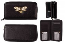 7109 LONG ZIP ROUND PU BLACK PURSE WITH BEE EMBELLISHED