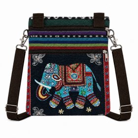 LL-122 Black Traditional Elephant Print Canvas Shoulder Bag