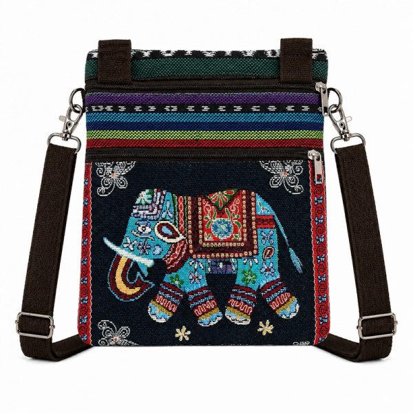 LL-122 Black Traditional Elephant Print Canvas Shoulder Bag