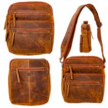 0863 TAN/CAMEL HUNTER LTHR MED RFID X-BODY SHOULDER BAG W/3 ZIPS