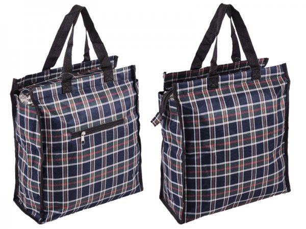 2483 CHECK SHOPPING BAG WITH TOP ZIP AND FRONT DARK BLUE MULTI
