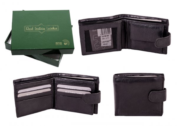 022 BLACK BLACK ITALIAN LEATHER WALLET WITH RFID - NEW GREEN BOX