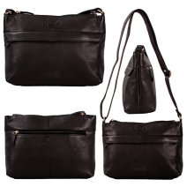 0597 BLACK PEBBLE LEATHER TWIN TOP ZIP RFID SHOULDER BAG