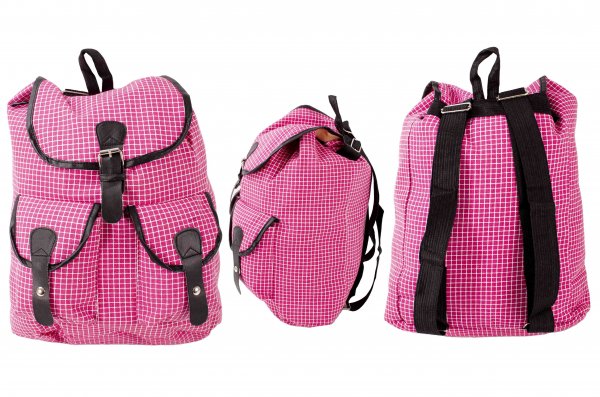 2610 PINK WHITE SQUARE CANVAS BACKPACK WITH 2 FRONT POCKETS