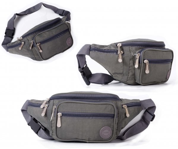 2522 GREY CRINKLED NYLON BUMBAG W/ 6 POCKETS