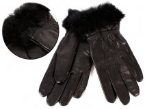8912 BLACK Ladies Soft Leather Glove with Fur Trim LARGE
