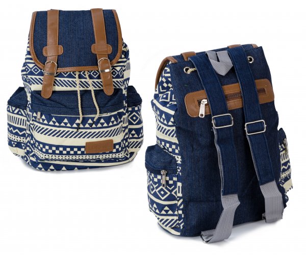 2609 Aztec Boho Canvas Backpack wt 1 Frnt & 2 Side Pockets black