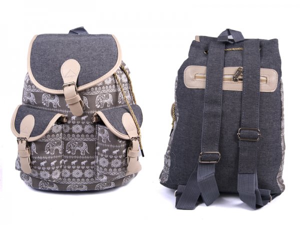 2605 BOHO CANVAS BACKPACK WITH 2 FRONT POCKETS Elephant - Grey