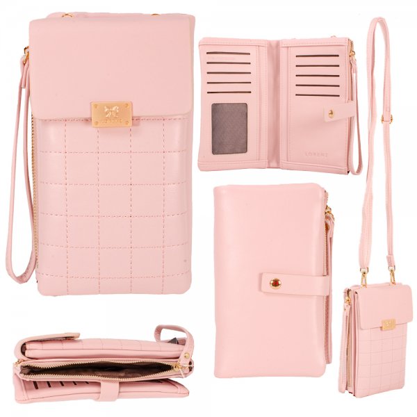 7254 BLUSH PINK QUILT LTHR GRN PU X-BDY PHONE PKT WALLET PURSE