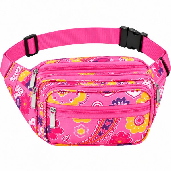 8056 Baby Pink Floral Bright Colored Multizip Bumbag (New)