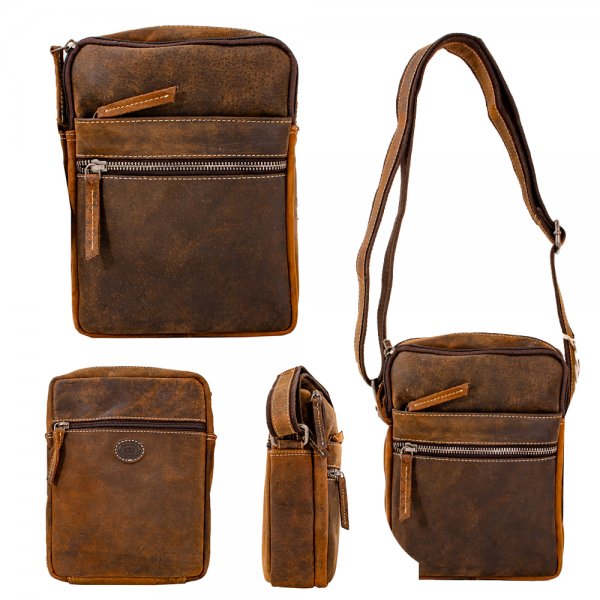 0862 DARK BROWN/TAN HUNTER LEATHER RFID X-BODY SHOULDER BAG