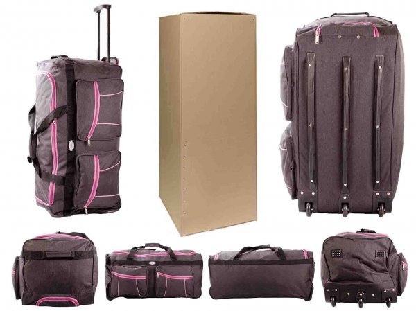 KS-100 34'' BLACK/PINK 3-WHEELED HOLDALL TRAVEL BAG BOX OF 6