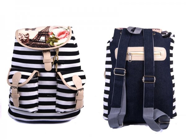 2605 BOHO CANVAS BACKPACK WITH 2 FRONT POCK Paris - Black Strip