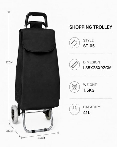 LL-ST05 PLAIN BLACK 2 WHEEL SHOPPING TROLLEY