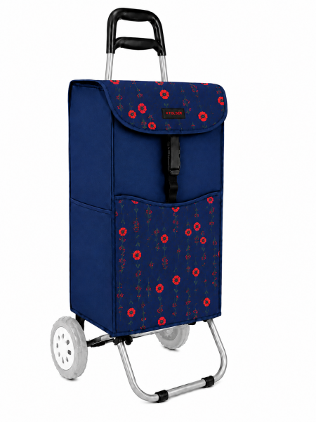 6961/W NAVY WITH RED FLOWERS 2 WHEEL SHOPPING TROLLEY