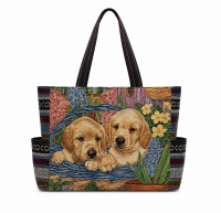 LL-120 A FLORAL PUPPYS PRINT CANVAS SHOPPING BAG LL-120 A FLORAL PUPPYS PRINT CANVAS SHOPPING BAG