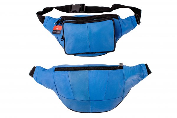 BB-07 BLUE LEATHER BUMBAG W/3 ZIPS