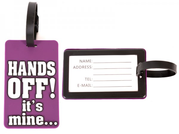 2403 PURPLE LUGGAGE TAG - HANDS OFF !