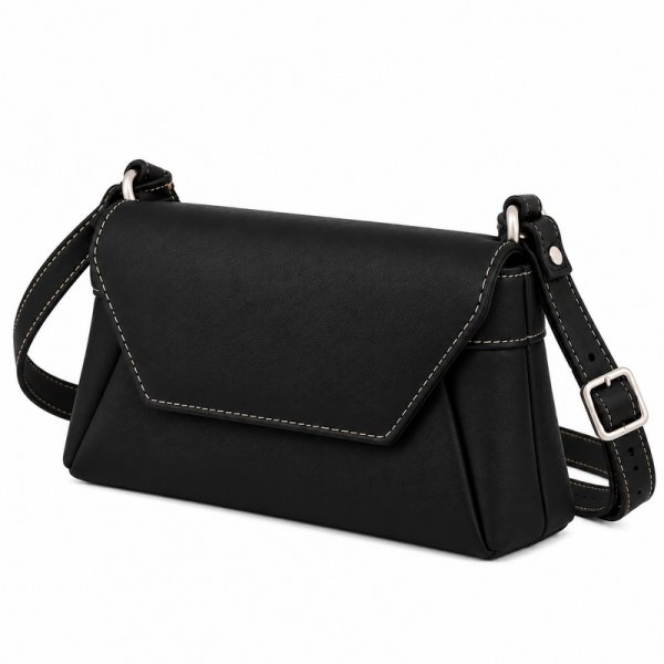 RL 666 Black Leather Bag With Popper Flap (New)