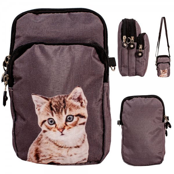 GRACE131 D.GREY CAT PRINTED MOBILE PHONE BAG W/DETACHABLE STRAP