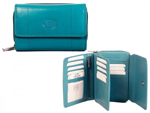 1057 RFID Turquoise C. Nappa Zip Rnd Prse, Frnt Flp, Dble C. Crd
