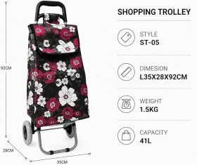 LL-ST05 BLACK PINK FLOWER PRINT 2 WHEEL SHOPPING TROLLEY