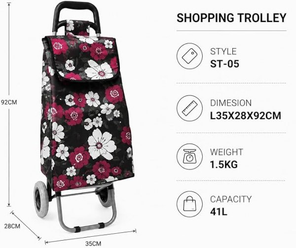 LL-ST05 BLACK PINK FLOWER PRINT 2 WHEEL SHOPPING TROLLEY