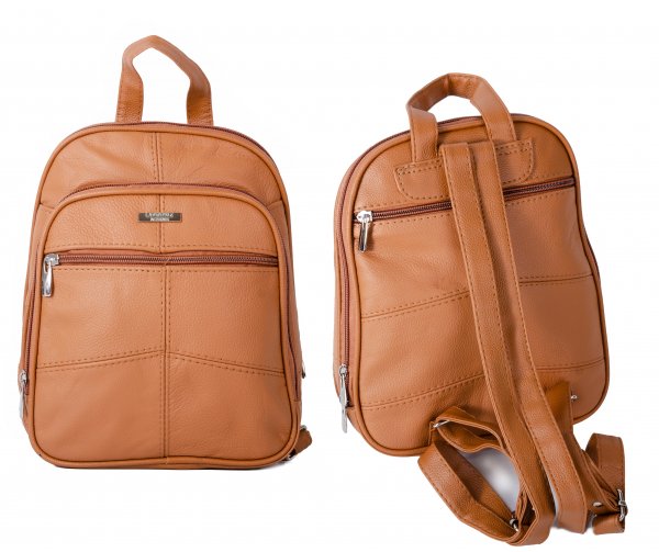 3744TAN BACKPACK WITH TOP ZIP ROUND COMPARTMENT, TWO FRONT POCKE