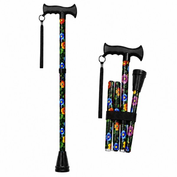 2888 Black Flower Adjustable Folding Walking Stick