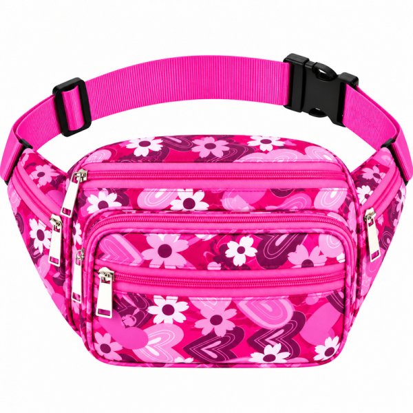 8056 Dark Pink Floral Bright Colored Multizip Bumbag (New)