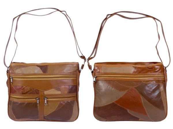 4776SPECIAL Tan Twin Top Zip Patch Bag, 3 Frnt & Bck Zips