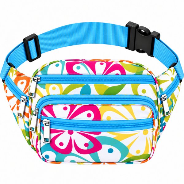 8056 White Blue Orange Flower Bumbag W-7 Zips (New)