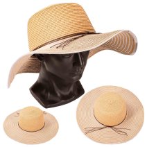 8751 TAN/GREY LADIES WIDE BRIM STRIPY SUN HAT