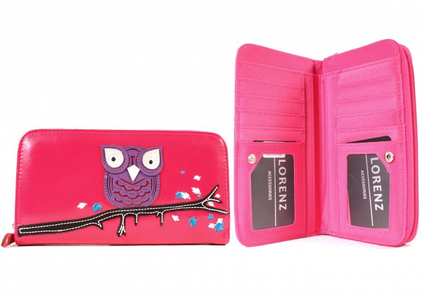 7103 Long Zip Round PU Purse with Owl on Branch OWL CERISE