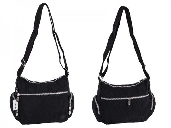 2523 BLACK Crinkled Nylon Top Zip X-Body Bag wth 4 Pkts
