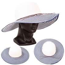 8751 WHITE/NAVY LADIES WIDE BRIM STRIPY SUN HAT