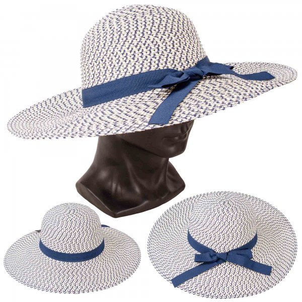 8750 NAVY/IVORY LADIES WIDE BRIM SUN HAT WITH RIBBON