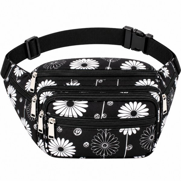 8056 Black Floral Bright Colored Multizip Bumbag (New)