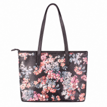 5718 BLACK FLORAL PU LARGE TOP ZIP TOTE/SHOPPING/SHOULDER BAG