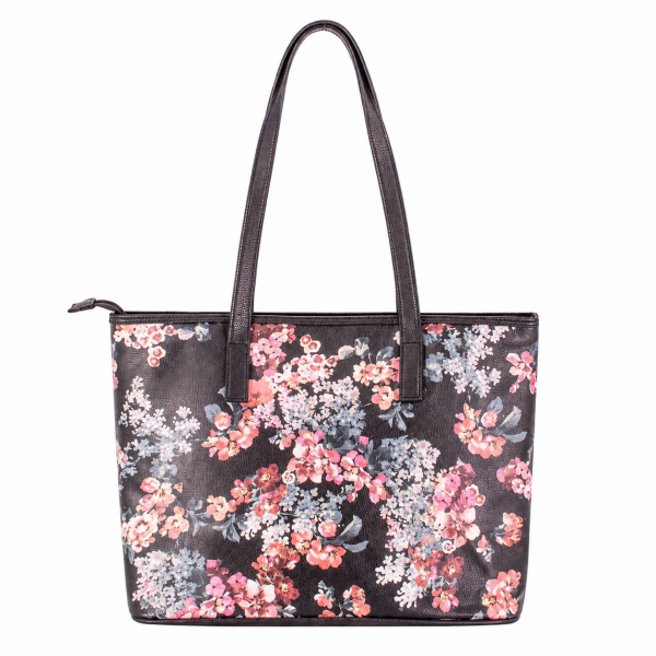 5718 BLACK FLORAL PU LARGE TOP ZIP TOTE/SHOPPING/SHOULDER BAG