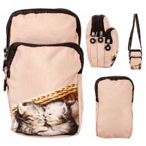 GRACE131 BEIGE CAT PRINTED MOBILE PHONE BAG W/DETACHABLE STRAP