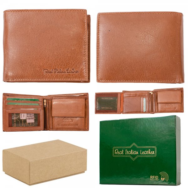 1065 TAN BOX OF 12 RFID LEATHER WALLET W/NOTE COIN & C.CARD SEC
