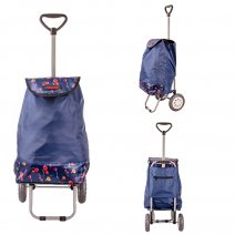 6957/W NAVY WITH FLORAL SHOPPING TROLLEY BAG W/ADJUSTABLE HANDLE