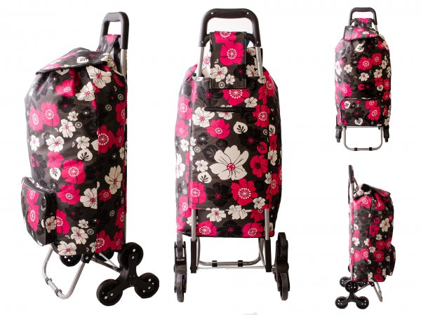ST-09-FP PINK FLOWER 6 WHEEL STAIR CLIMBER SHOPPING TROLLEY
