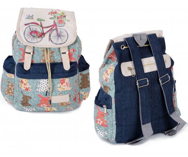 2609 Floral Rabbit Canvas Backpack wt 1 Frnt & 2 Side Pockets