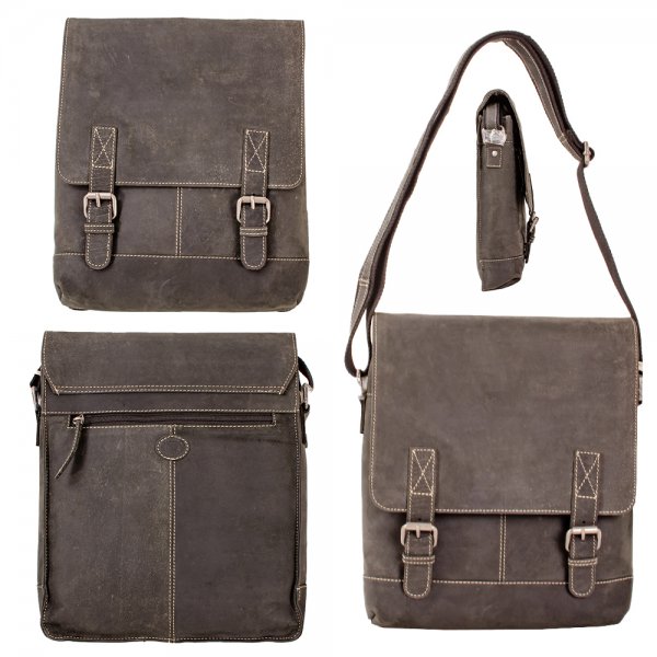 0864 BLK/GREY HUNTER LEATHER RFID SATCHEL W/BACK ZIP & 2 ZIP