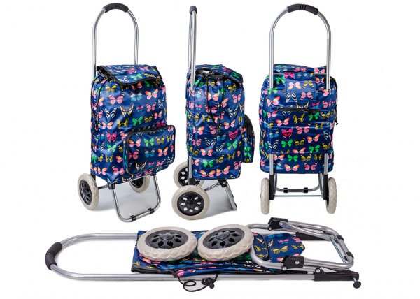 ST-03-BFP BLUE BFLY PRINT 2 WHEEL SHOPPING TROLLEY